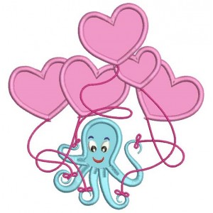 Octopus With Heart Balloons Applique Machine Embroidery Design Digitized Pattern